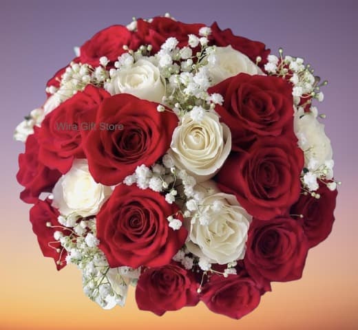Red & White Roses with Babies Breath Bouquet